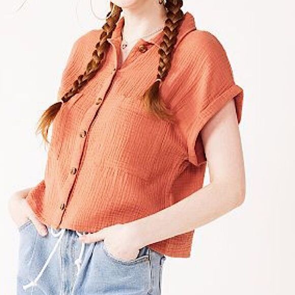SO orange muslin gauze cotton button up Top blouse oversized cropped dolman XS - Picture 1 of 8